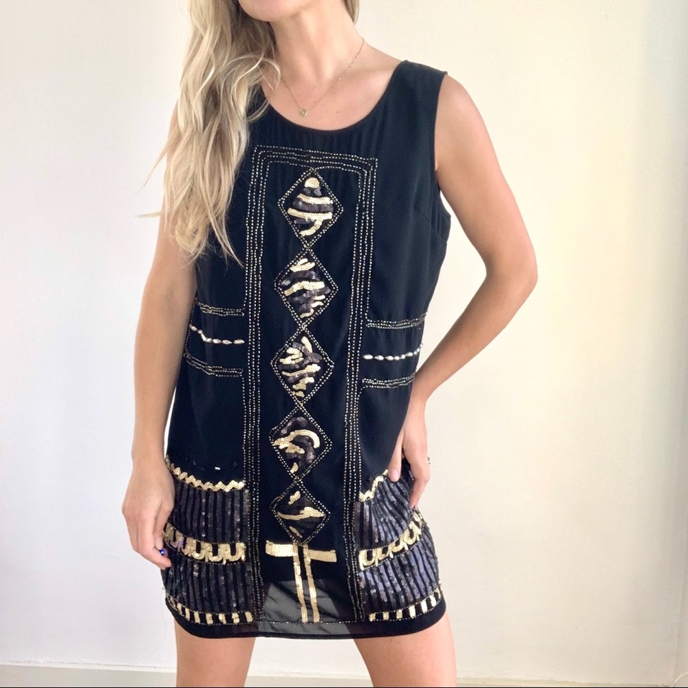 English Rose Black & Gold Sequin Shift Dress Large